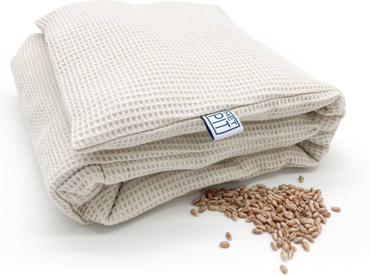 Goedkoopste XL Met Pit ✿ Nek en schouders - Wasbare hoes - Pittenzak / coldpack - Made in NL/BE - 65 x 20 cm – Pittenkussen met tarwe – Crème wit Wafel