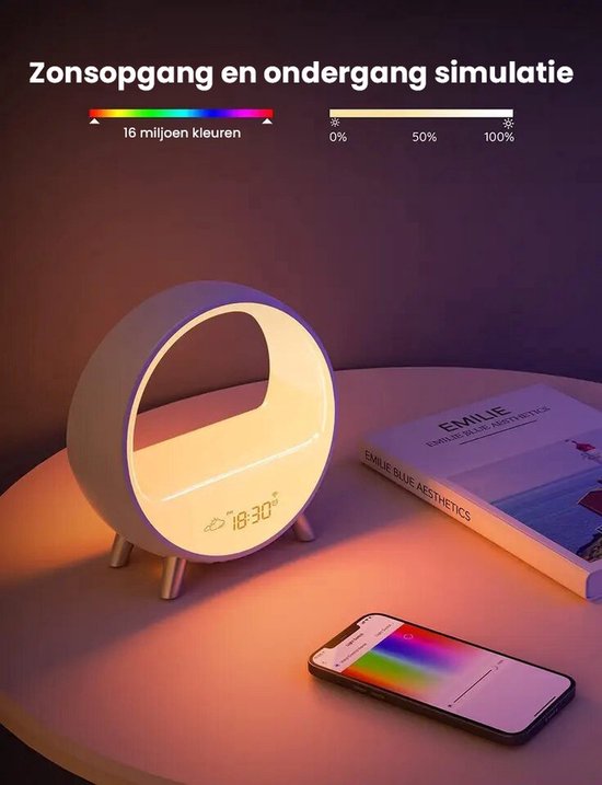 LotaHome - Wake Up Light - Wekkerradio - Met Zonsopgang en Bluetooth Speaker - Draadloze Oplader - Wifi - Cadeau - Wake Up Light met Natuurlijke Geluiden - Smart - Digitale Wekker - Slaapwekker - Lichtwekker - Google Home & Amazon Alexa - Led Light