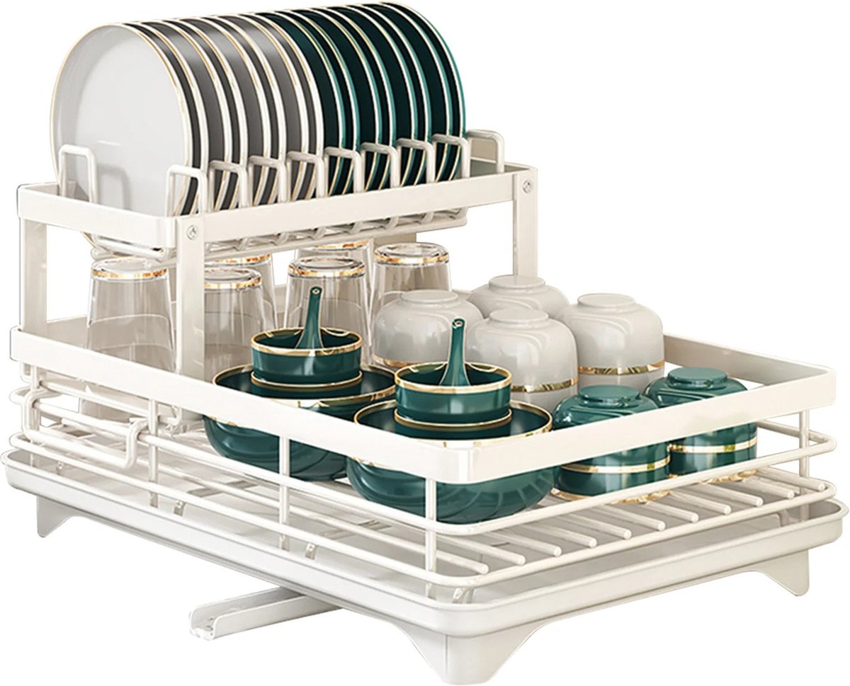 Goedkoopste Afdruiprek Met Lekbak - 2-Laags Afdruiprek - RVS - Afdruiprek Met Bestekmand - Bekerhouder - Ruimtebesparend - Multifunctioneel Keukengerei - Wit