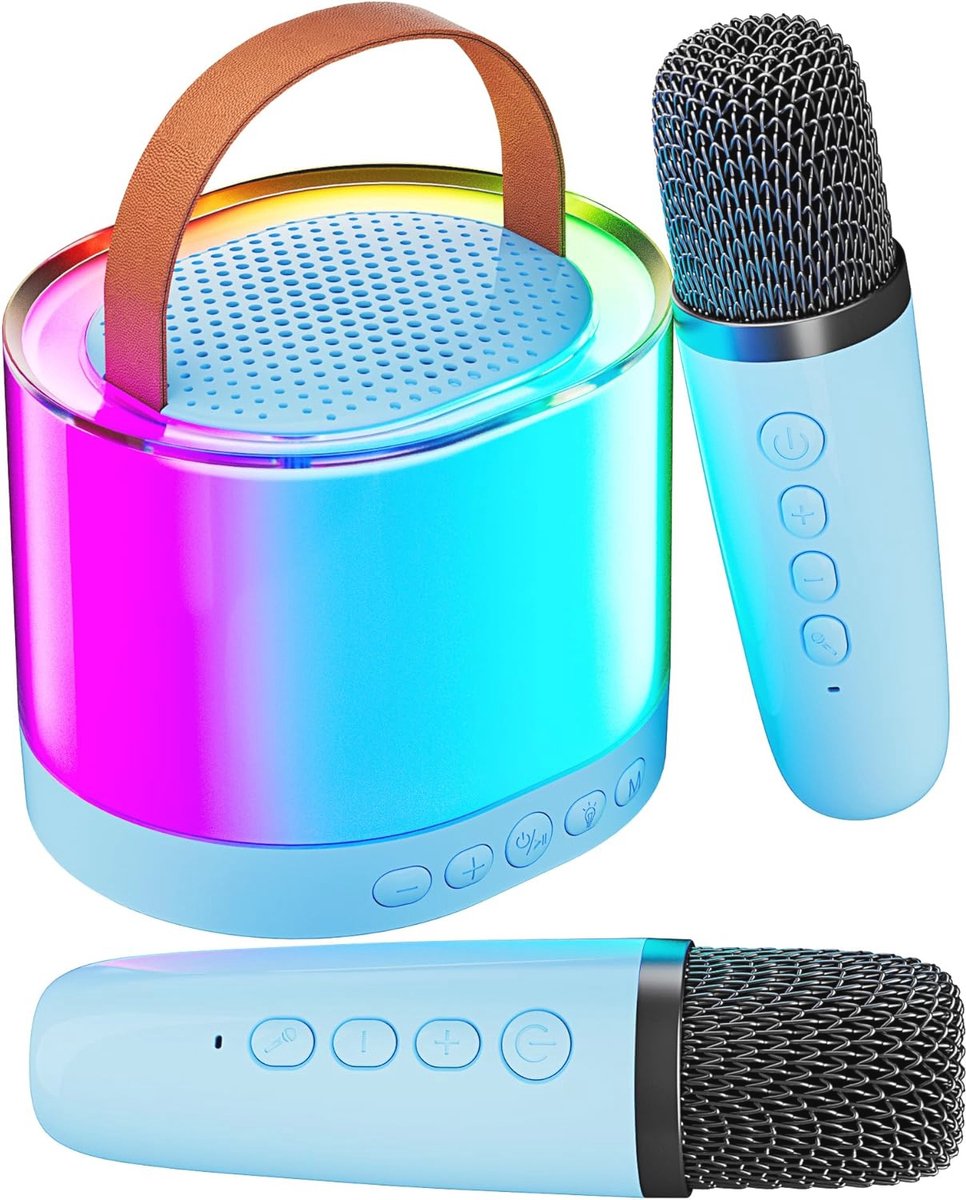 Draagbare karaoke-machine met draadloze microfoons - Bluetooth luidspreker met lichteffecten voor kinderen en volwassenen - Geschikt voor feesten en verjaardagen (blauw)