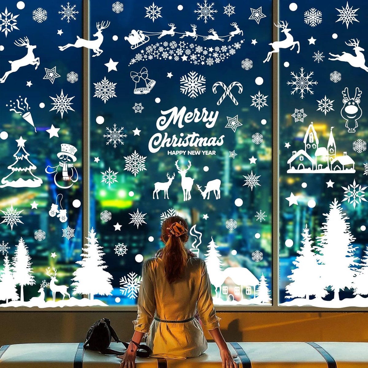 Kerst Raamstickers – 10 Vellen – Witte Sneeuwvlok en Huis Stickers – Herbruikbare PVC Decoraties voor Kerstvensters