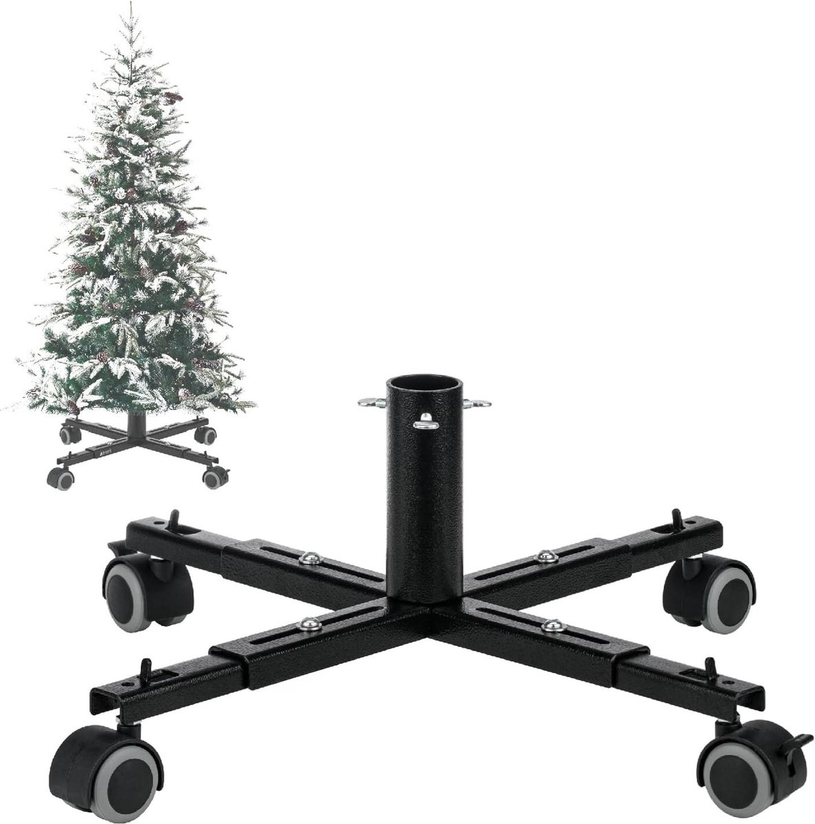 Equivera Kerstboomhouder - Kerstboom Standaard - Standaard voor Kerstboom - Kerstboomstandaard Stijlvolle zwarte Equivera kerstboomstandaard met minimalistisch ontwerp en merknaam in beeld.