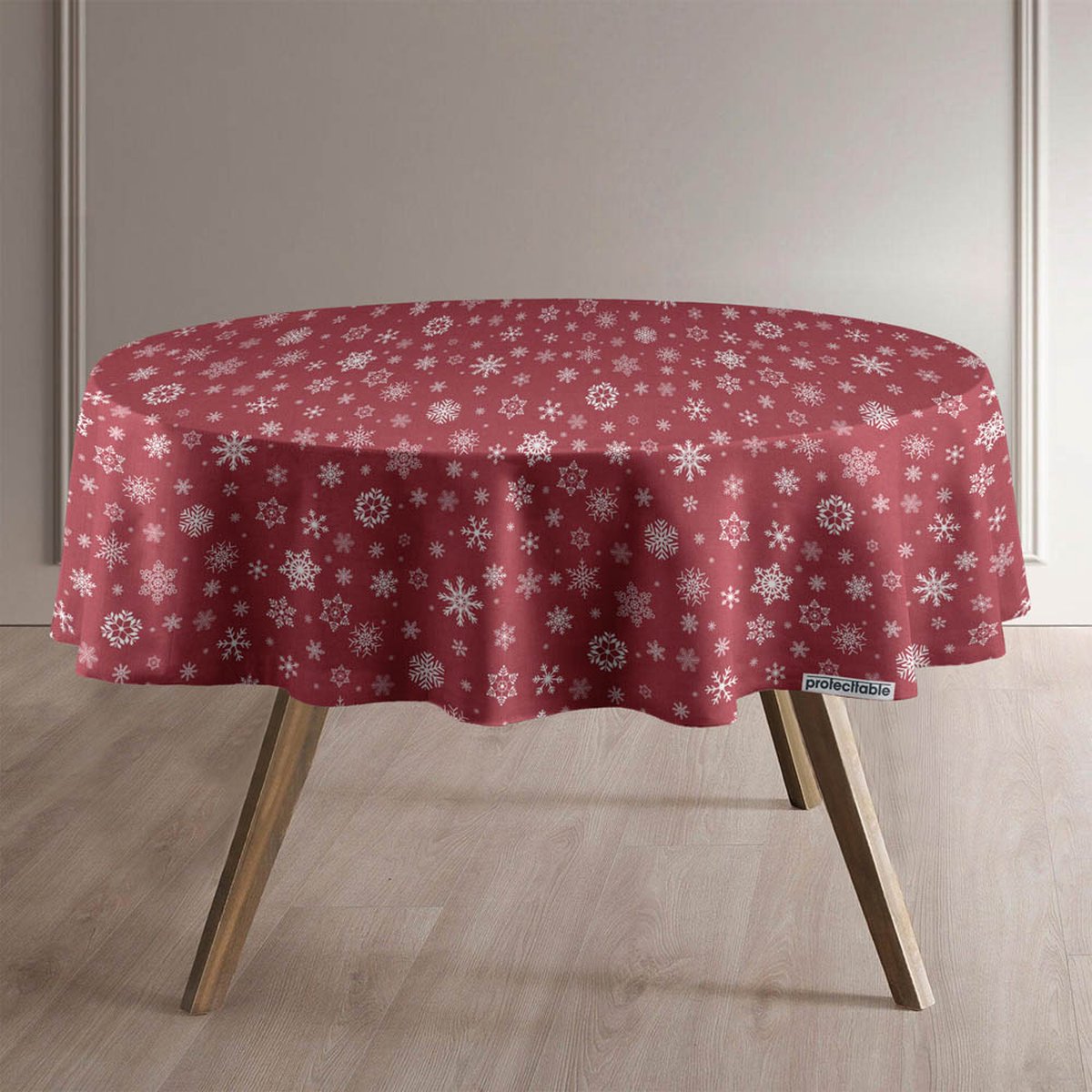 Protecttable - Rond Kerst Tafelzeil Sneeuwvlok Rood Ø138cm - Tafelkleed Afwasbaar - Kunststof