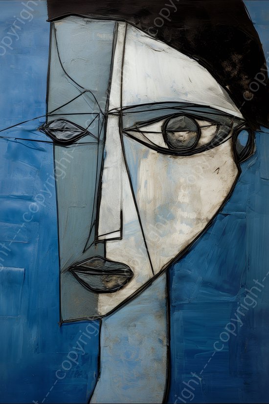 K&C Art (Glasschilderij) 40x60cm | Vrouw in Picasso stijl - abstract - gezicht - blauw - zwart - wit - modern - kunst | Woonkamer - slaapkamer - hal - kantoor | Foto schilderij print op acrylglas - wanddecoratie - muurdecoratie - wall art