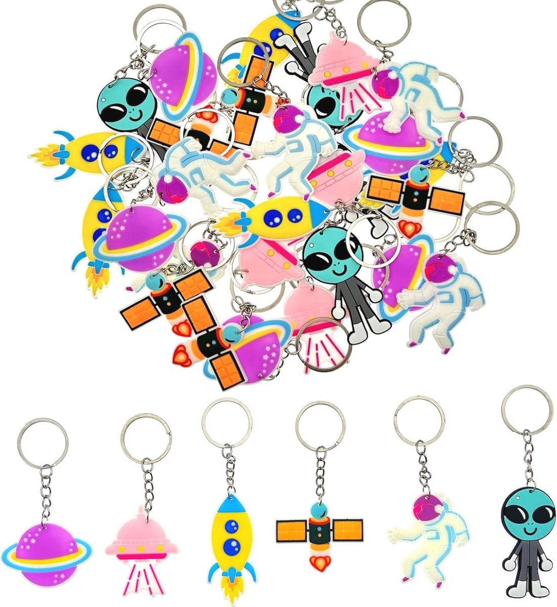 30x Ruimte Thema Sleutelhangers voor Kinderen | UFO, Alien & Raket Party Decoraties