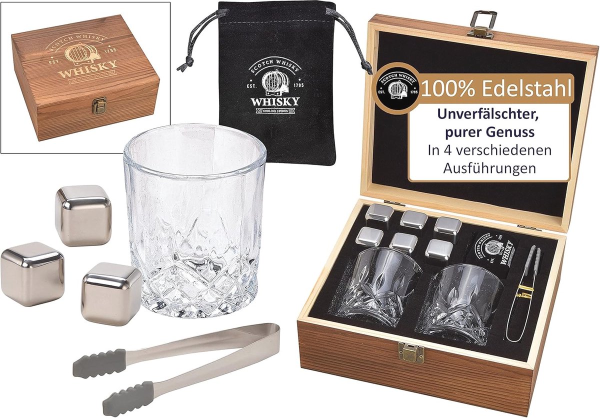 Koelstenen voor Whisky - Cadeauset met Glazen en Houten Doos