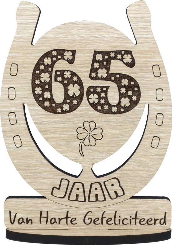 65 jaar - houten verjaardagskaart - wenskaart om iemand te feliciteren - kaart 65ste verjaardag - 12.5 x 17.5 cm