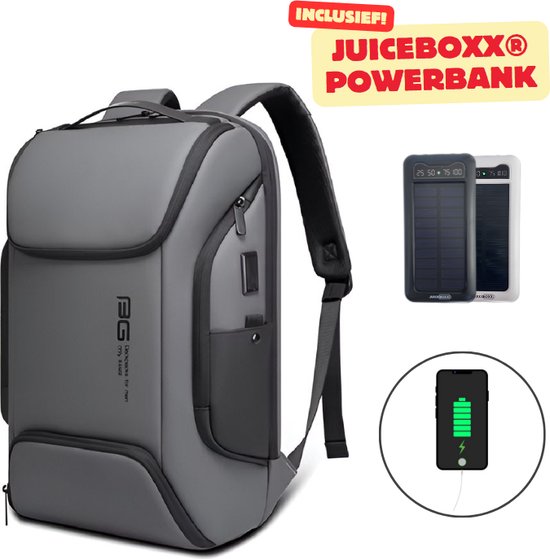 E-Shop4u - USB Laptoprugzak - Incl. JuiceBoxx® Powerbank - Anti-diefstal TSA-slot- Waterdicht - Grote Capaciteit - Grijs - USB Oplaadfunctie