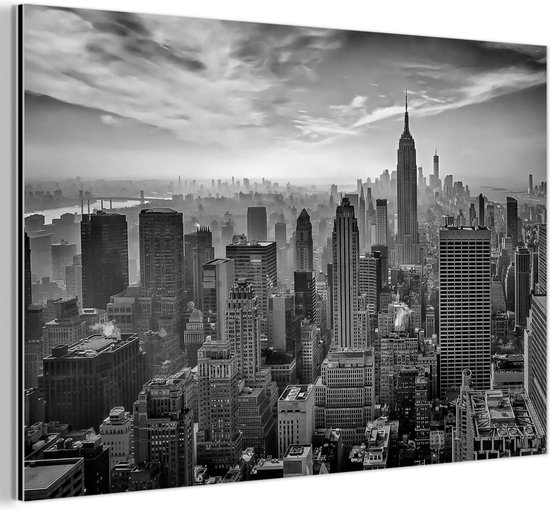 Aluminium schilderij 30x20 cm - Wanddecoratie metaal - Architectuur - Zwart wit - Stad - Skyline - New York - Metalen muurdecoratie woonkamer - Decoratie industrieel - Foto op dibond - Industriële accessoires slaapkamer