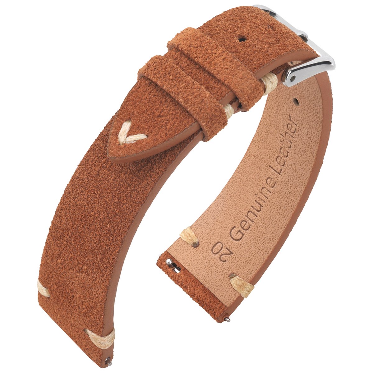 Suede Vintage Lederen V-Stitch Horlogebandje - Makkelijk Zelf te Monteren - Cognac 21mm