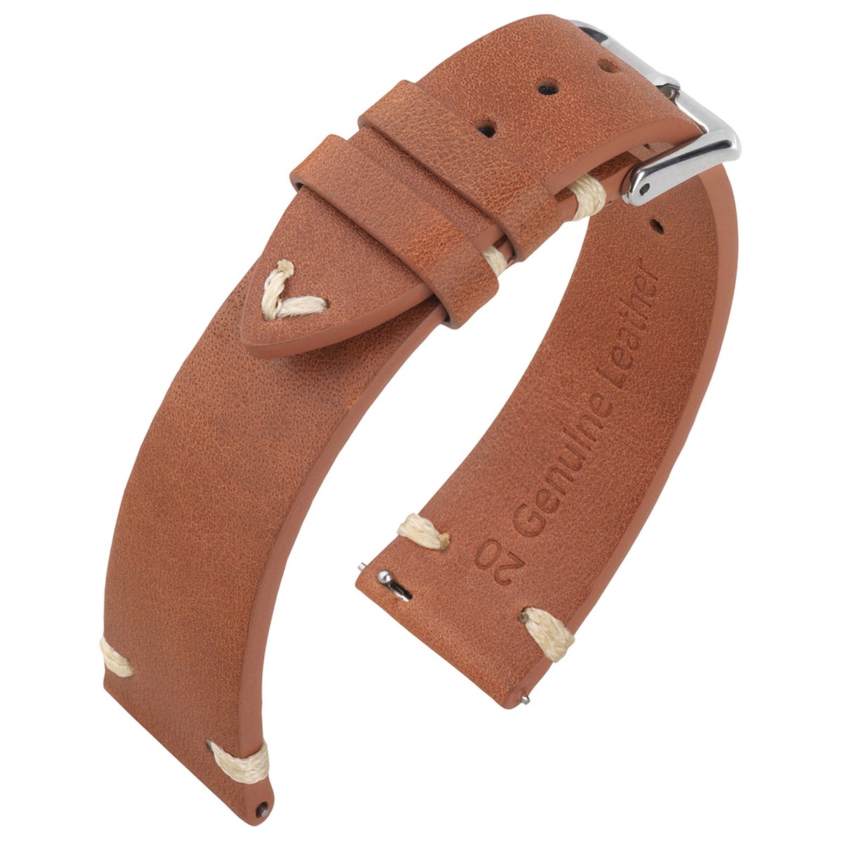 Oily Leather Vintage Lederen V-Stitch Horlogebandje - Makkelijk Zelf te Monteren - Cognac 21mm