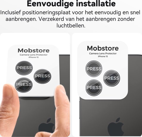Een hand past een Mobstore iPhone 15 cameralensbeschermer met vier 'PRESS' knoppen op een telefoon.