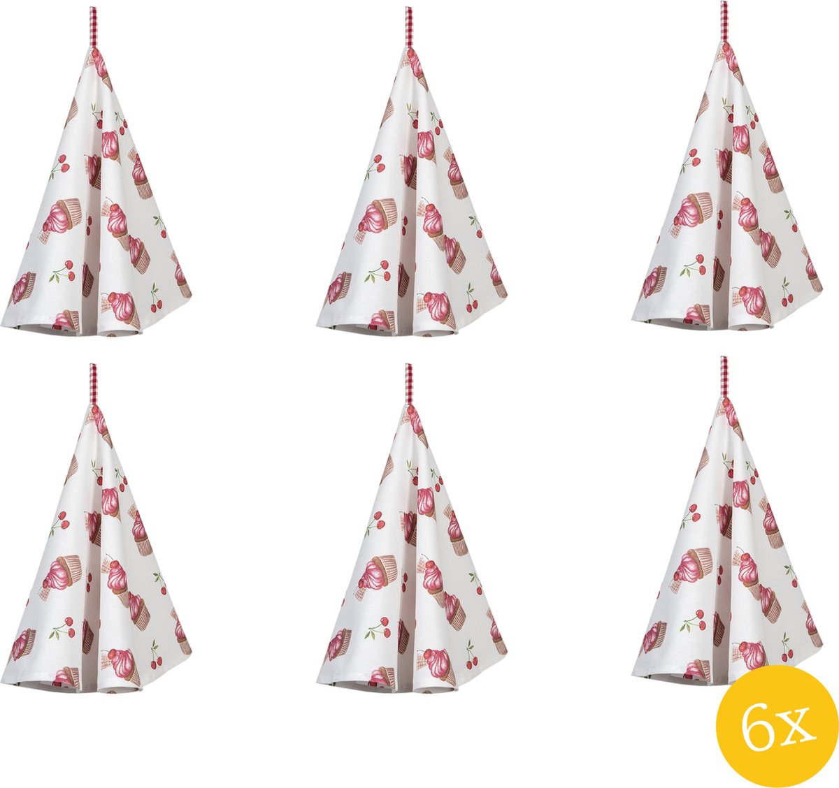 Clayre & Eef Theedoek set van 6 stuks Ø 80 cm Rood Wit Katoen Rond Cupcakes Keukenhanddoek