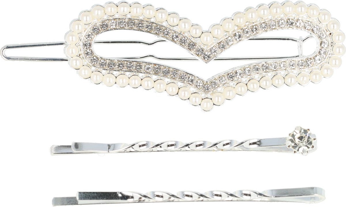 Haarsoires Haarspeld Haarclip 5cm - Hart - Parel Strass Steentjes - Zilver Wit – Set van 3 - Hair Clip - Decoratieve Haaraccessoire