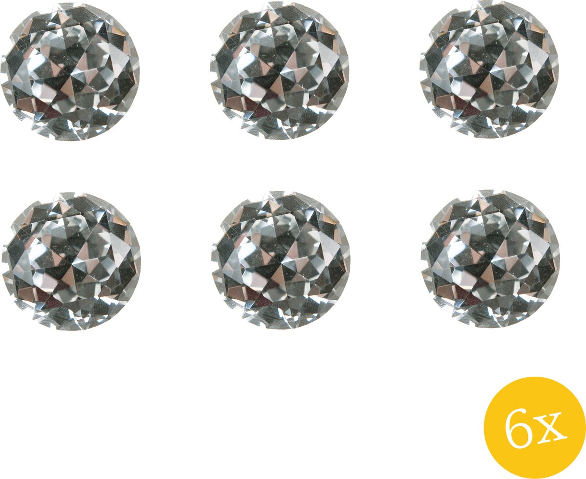 Clayre & Eef Deurknop set van 6 stuks Ø 3 cm Transparant Ijzer Glas Rond Diamant Meubelknop