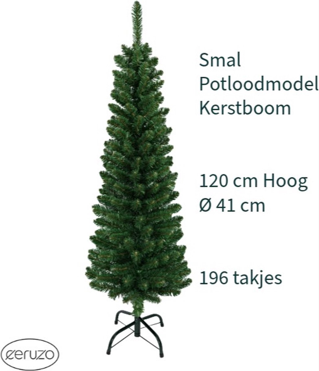 Smalle Kunstkerstboom 120 cm - D41 cm - Potloodmodel- Metalen Standaard – Compact