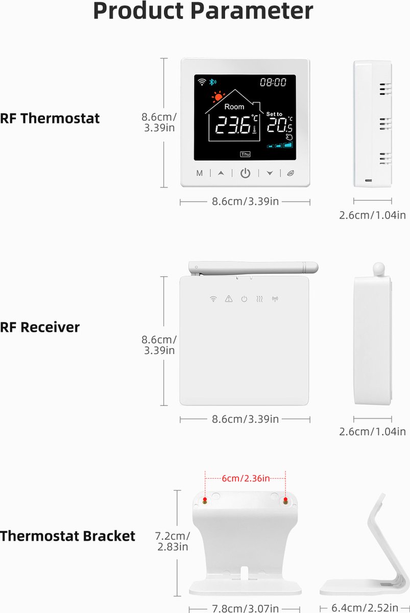 Thermostaat | Wifi | Tiptoetsbediening | Opbouw | Verwarmen | Tuya Smart Life | Zwart thumbnail 7
