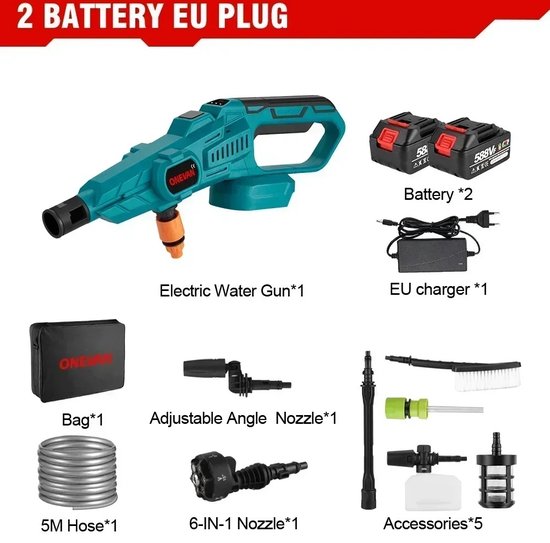 Seastone - Draadloze Hogedrukreiniger - Inclusief 2x Accu - Hogedrukspuit - Auto Wasmachine - Krachtige Koperen Motor - Draagbaar - Multi-Angle Spuitmond van Seastone — afbeelding 4