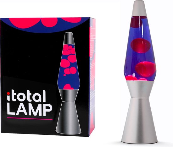 Paarse lavalamp met roze lava bubbels naast de verpakking.