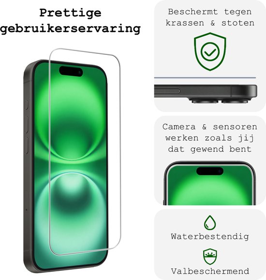 iPhone 16 screenprotector: beschermt tegen krassen, stoten, waterbestendig en valbeschermend.