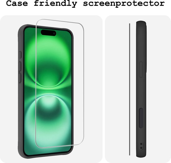Case friendly screenprotector voor iPhone 16, past met hoesjes. Zijaanzicht toont dun profiel.