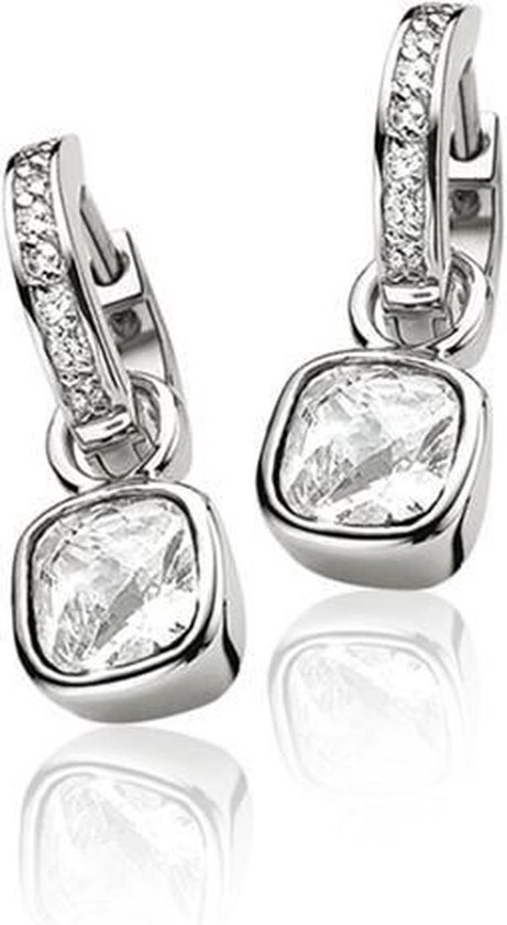 Zilveren oorringen met witte zirconia en hangende vierkante zetting.