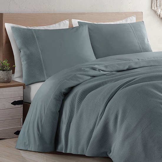 Zavelo DeLuxe Housse de Couette Gaufre Vert Foncé - Twin (240 x 200/220) cm - 100% Percale Katoen - Housse de Couette de Luxe - Super Douce
