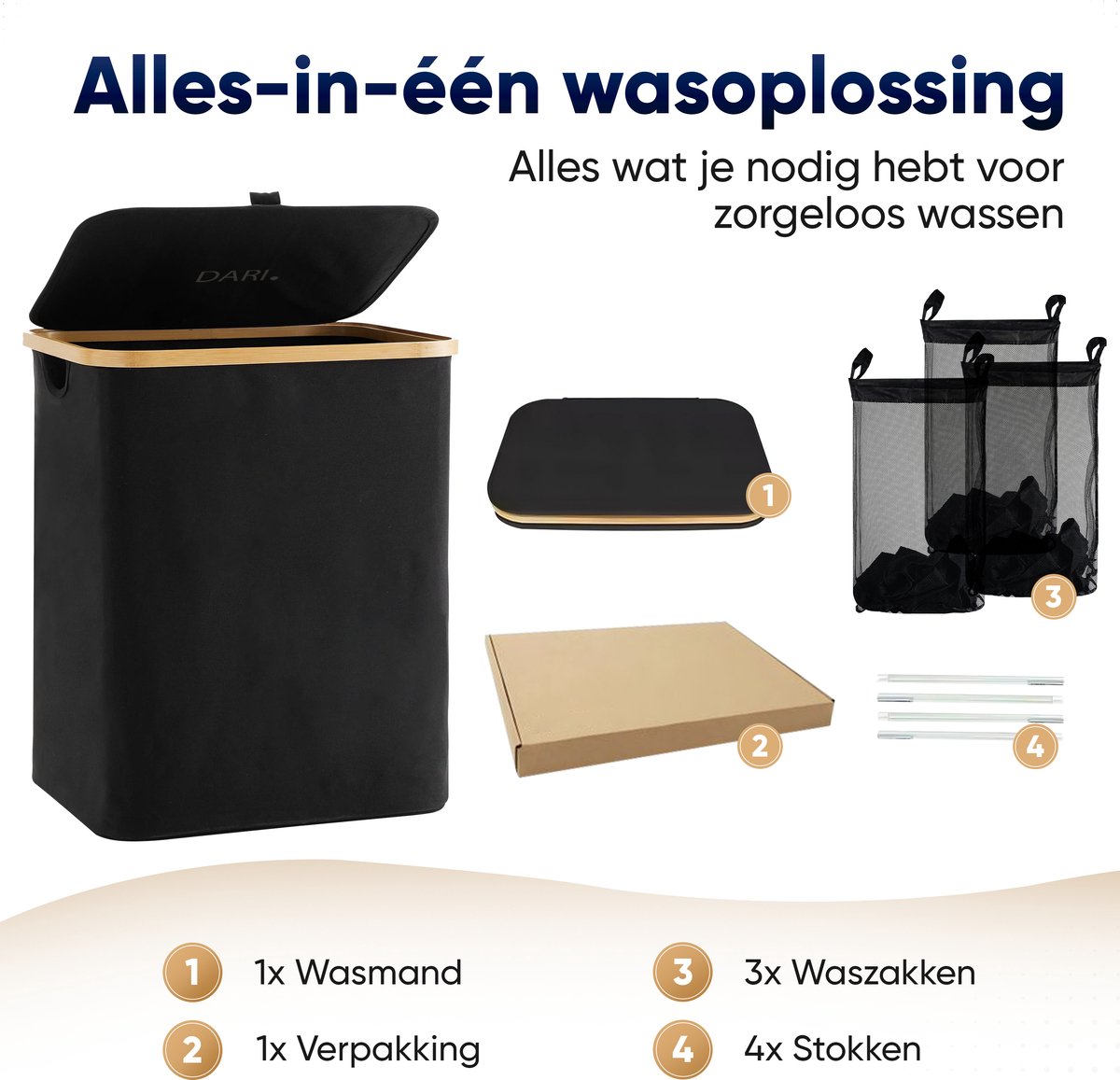 VASAGLE Wasmand 3 vakken, wasverzamelaar met plank, wasbox