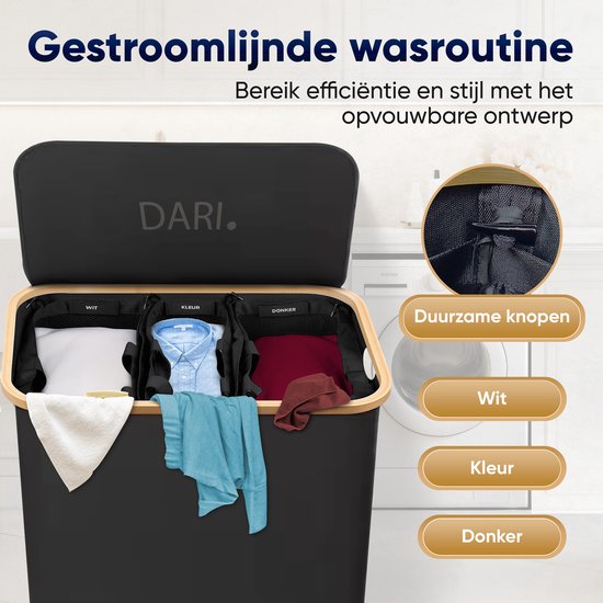 Zwarte wasmand met bamboe rand, deksel met DARI-logo, verdeeld in 3 vakken voor wit, kleur en donker wasgoed.