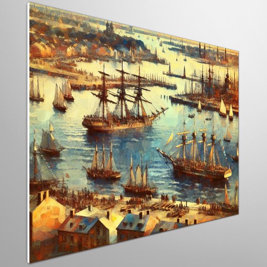 Olieverf haven schilderij | Haven van verf: een maritieme ode aan kleur en textuur | Kunst - 40x40 centimeter op Canvas | Foto op Canvas