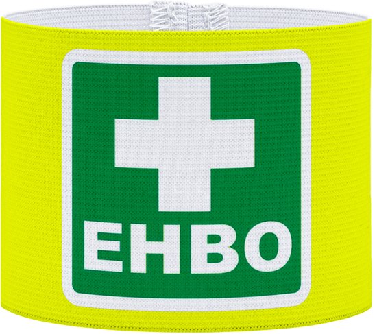 Gele EHBO-armband met groen kruis en witte letters EHBO. Maat M.