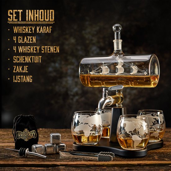 Whisiskey® Luxe Whisky Carafe Set Voilier - 1L - Incl. 9 pierres de Whisky , verseur, robinet et 4 Verres