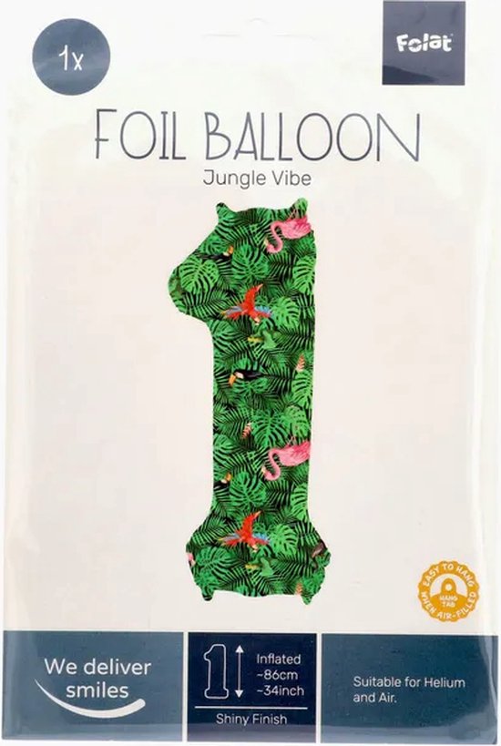 Folat 64151 Folienballon Zahl 1 – Jungle Vibe Grün, 86 Cm, Mit Helium/Luft Befüllbar, Für Geburtstag & Partys