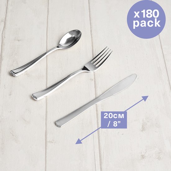 MATANA - 180 élégants couverts réutilisables en plastique argenté - 60 Couteaux, 60 Fourchettes, 60 Cuillères pour mariages, anniversaires, fêtes et Événements