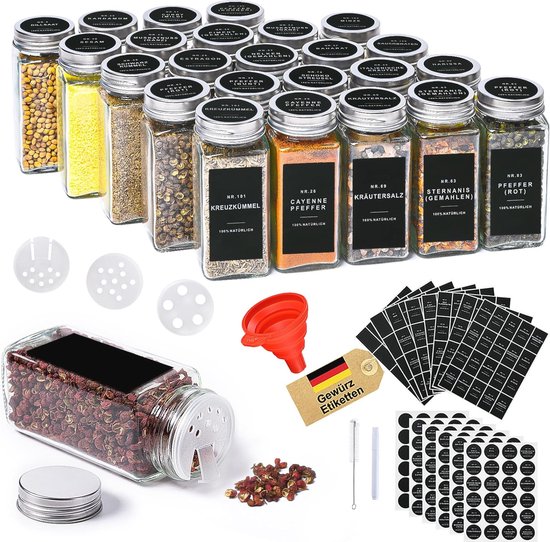 Cuccinara ® Gewürzgläser Set Eckig - 24 Stk. I 120ml - 10,5cm x 4,3cm mit Gewürz