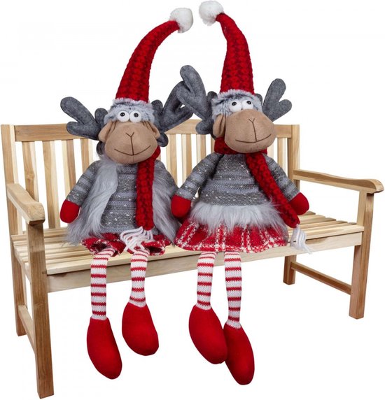 Eland Zittend -Decoratief Koppel eland (55cm) - Elanden met schatig kerstkostuum - Set van 2 stuks