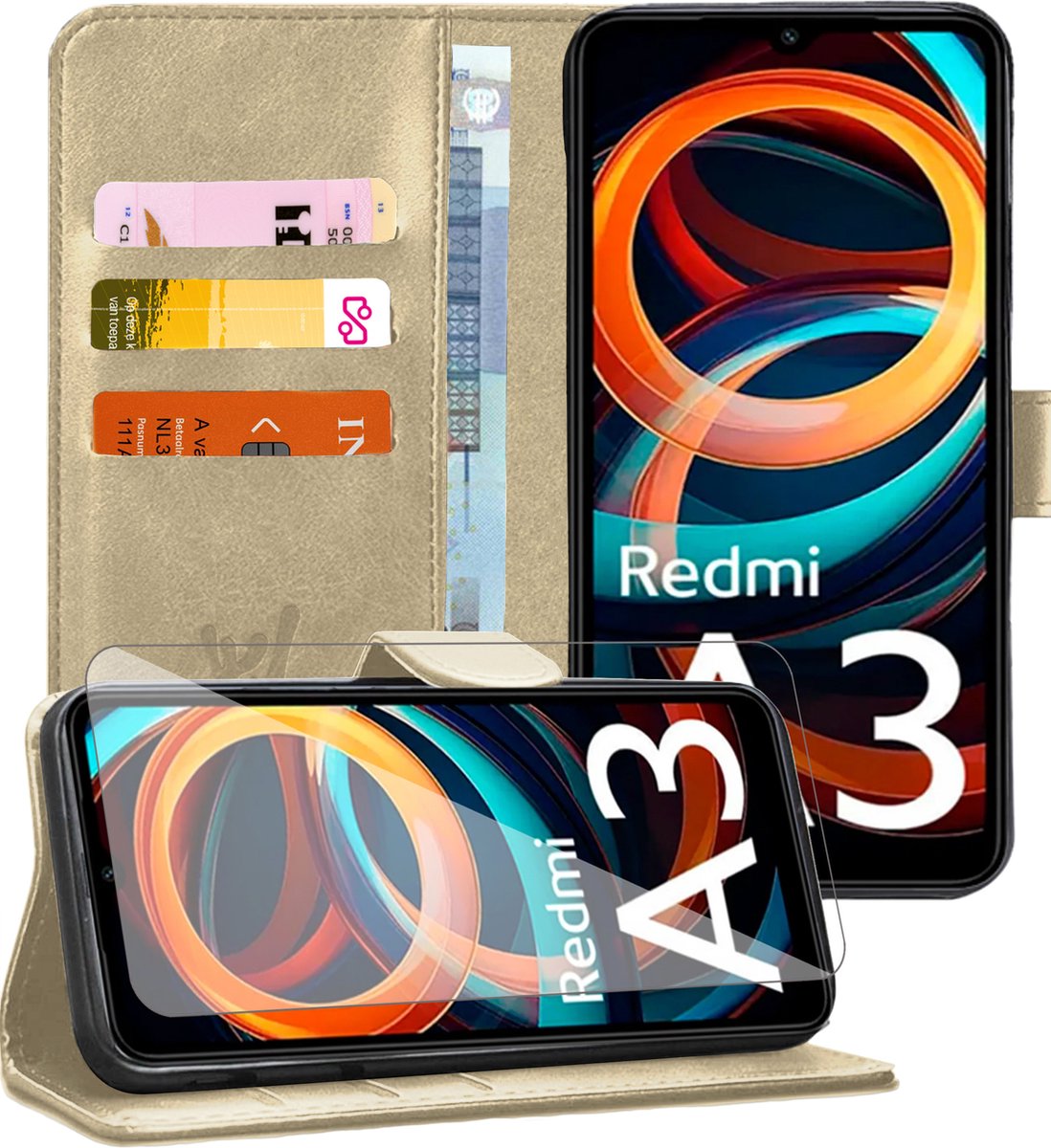 Hoesje geschikt voor Xiaomi Redmi A3 - Screenprotector Glas - Portemonnee Book Case Goud