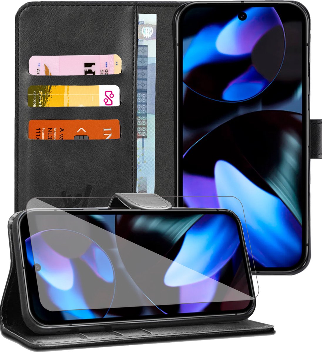 Hoesje geschikt voor Google Pixel 9 / 10 - Screenprotector Glas - Portemonnee Book Case Zwart