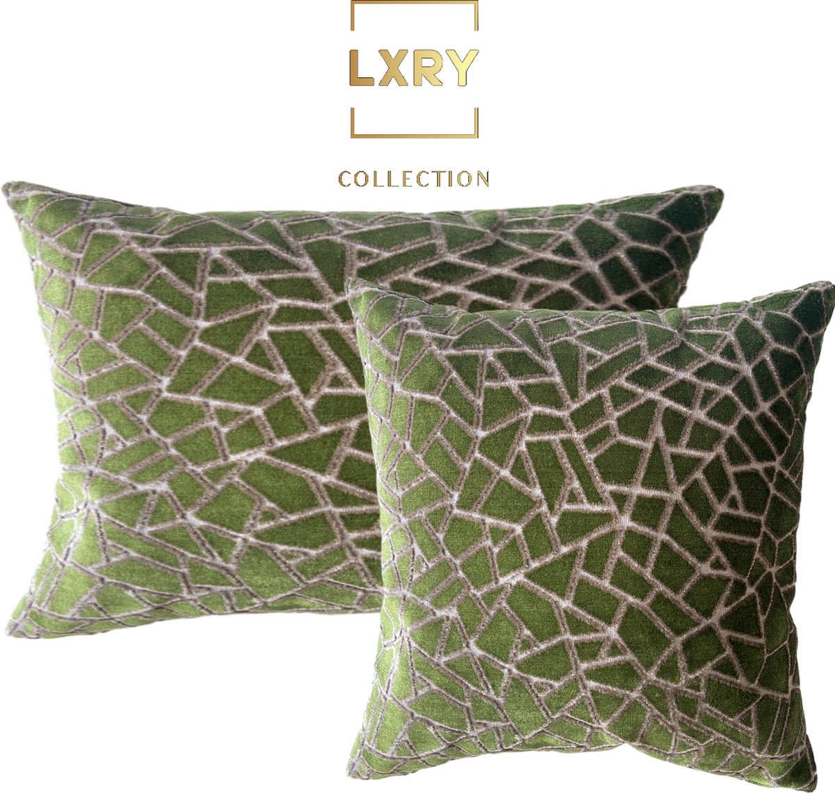 Zippi Design Cape Town LXRY set - velvet groen met grijs diepe print - Luxe handgemaakte designkussens met eenden veren vullingen - maten 45x45cm 40x60cm