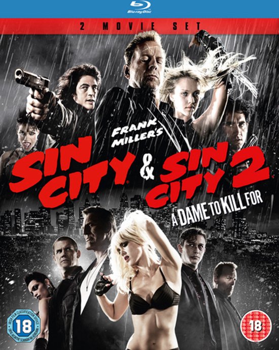 Voorkant van de Blu-ray hoes voor Sin City & Sin City 2: A Dame to Kill For. Met Bruce Willis, Mickey Rourke en Jessica Alba. Regenachtig stadsbeeld.