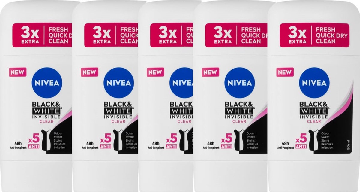 Goedkoopste Nivea Deo Stick - Invisible For Black & White Clear - Voordeelverpakking 5 x 50 ml
