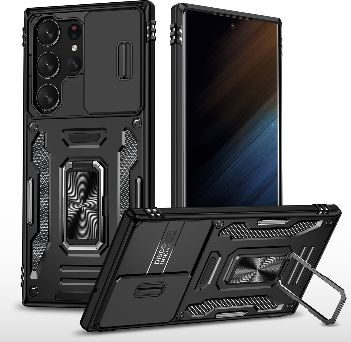 Nuvex Hoesje geschikt voor Samsung Galaxy S24 Ultra Zwart Telefoonhoesje - Anti-Shock Case Cover Hybrid Armor Hoes met Kickstand Ring met Screenprotector