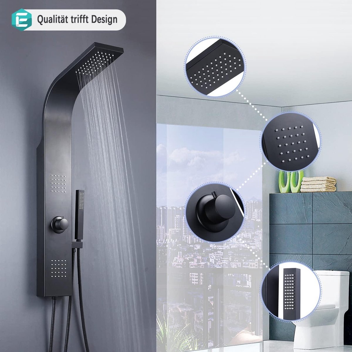 Douchepaneel 3 functies geborsteld roestvrij staal regendouche handdouche matzwarte look R