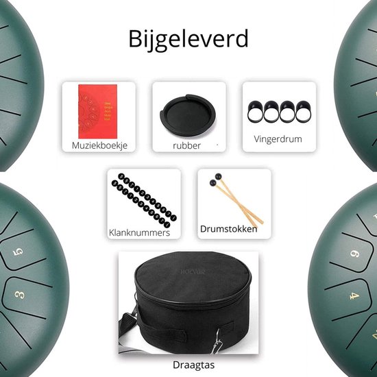 Tongue Drum - Groot - 30cm - 11 tonen - Klankschaal - Lotus Drum - Meditatie - Yoga - Handpan - 3.2 kg - Groen van Vigioo — afbeelding 3