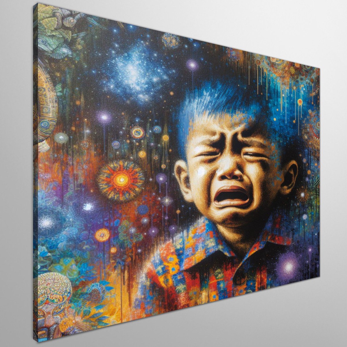 Olieverf huilend kind schilderij | Tranen van verf sieren het portret van een huilend kind
