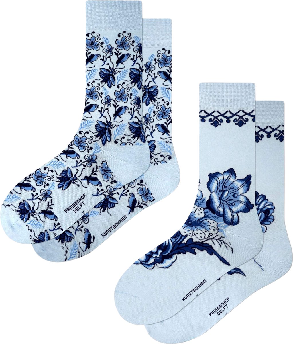 Kunst sokken - Delfts Blauw 2-pack - Sokken Heren 41 46 - Biologisch Katoenen Sokken - funny socks happy - Vrolijke Sokken - Grappige Sokken - Sokken Cadeau