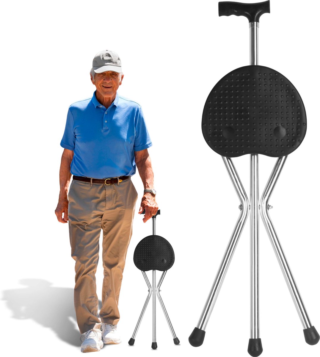Uitklapbare Wandelstok met zitje - Zwart - 80 CM hoog - Opvouwbaar - Voor ouderen - Wandelstokken