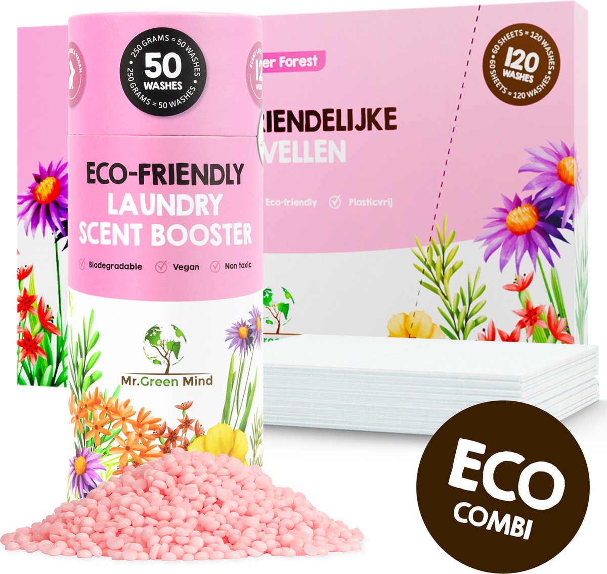 Goedkoopste Mr. Green Mind Was combinatie Wasstrips Wasparels Flower Forest Wasmiddel Wasstrips Wasmiddeldoekjes Wasparfum