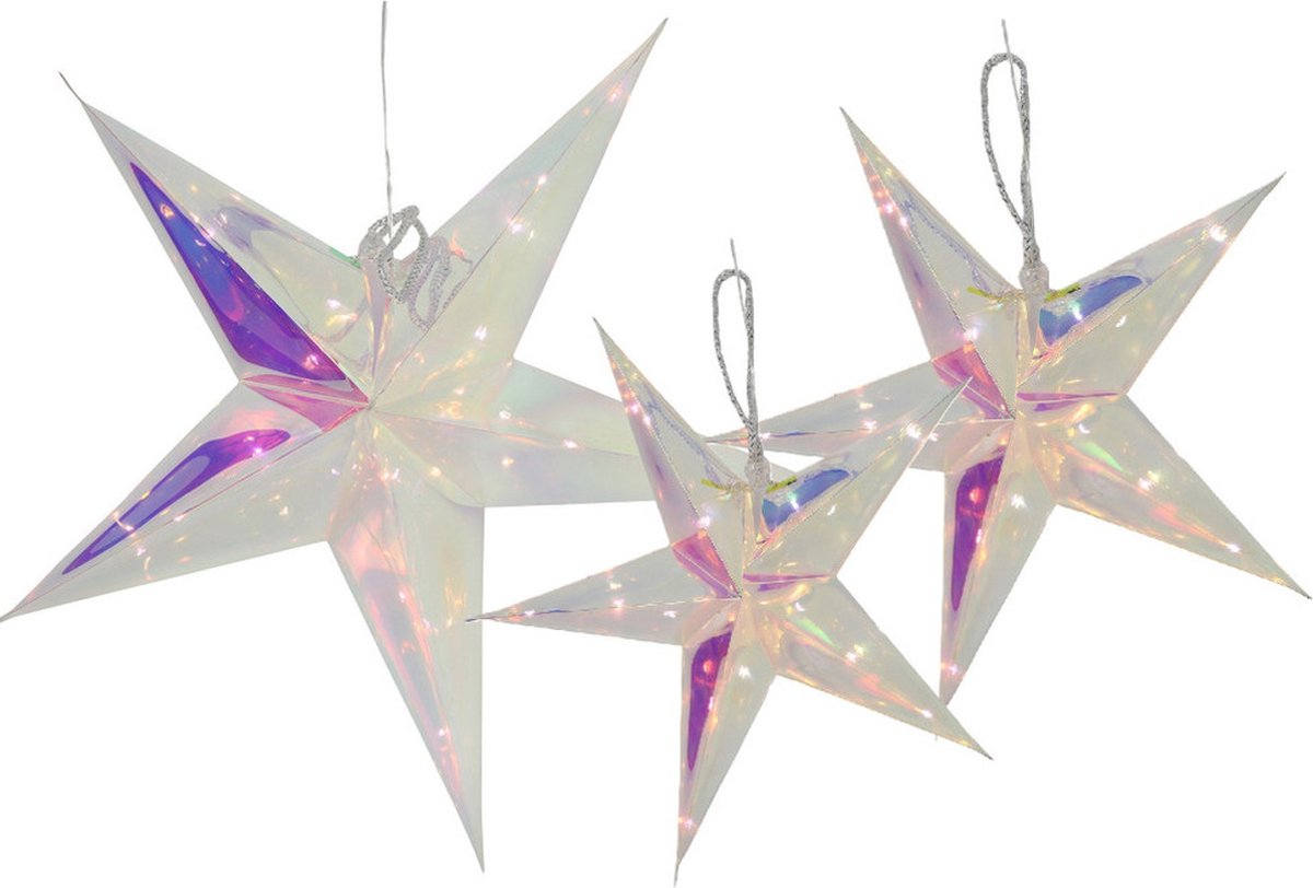 Svenska Living Verlichte kerststerren - 3x- 26, 34 en 53 cm - zilver - iriserend -batterij