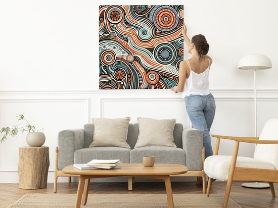 Abstract aboriginal schilderij | Inheems mysterie: een moderne interpretatie van traditionele Aboriginal kunst | Kunst - 60x60 centimeter op Canvas | Foto op Canvas